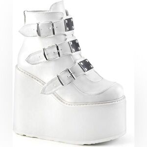 Demonia Swing 105 White Platform Buckle Boots 6